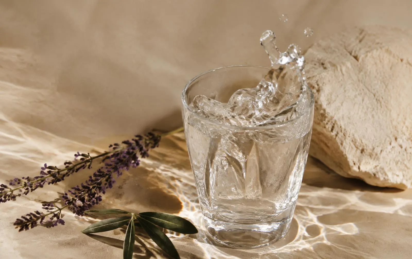 Copo de cristal com água em movimento, lavanda e folhas de oliveira sob luz natural
